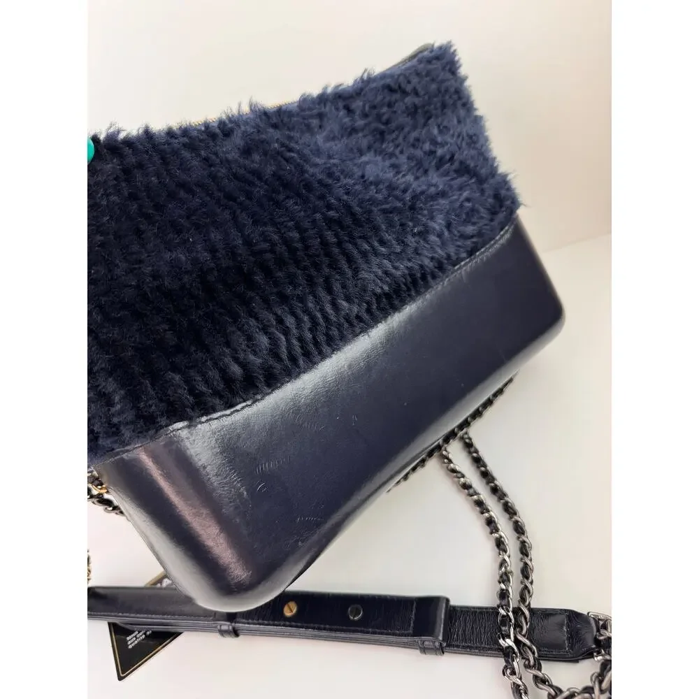 CHANEL Navy Blue Shearling Gabrielle Leather Chain Strap Crossbody Bag Medium